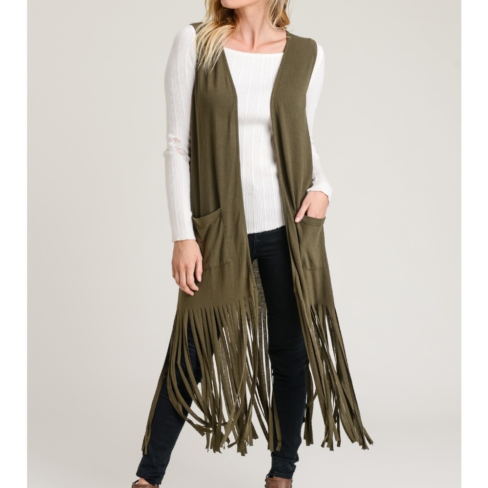 Long Fringe Vest Duster Front Pockets New Olive - Picture 2 of 8